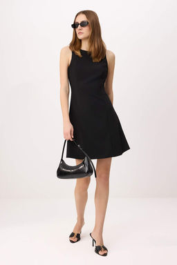 Siyah Etegi Volanl? Kal?n Ask?l? K?sa / Mini Esnek Dokuma Elbise TWOSS26EL00437
