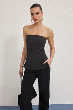 Antrasit Staplez Dokulu Y?rtmacl? Vucuda Oturan Esnek Orme Bluz TWOSS25BZ00515