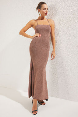 TRENDYOLMILLA Bronz Vucuda Oturan Simli Orme Uzun S?k Abiye Elbise TPRSS25AE00078 фото 2