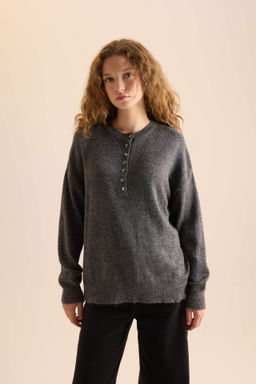 Oversize Genis Kal?p Dugmeli Yaka Triko Kazak - Defacto фото 3