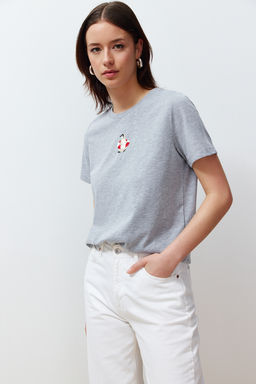 Gri Melanj Nak?sl? Regular/Normal Kal?p Orme T-Shirt TWOSS24TS00160