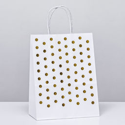 Цена за 12 шт. Пакет крафт с золотым тиснением, круглая ручка, белый, 27 х 21 х 11 см, 120 г