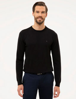 Siyah Slim Fit Bisiklet Yaka Basic Triko Kazak