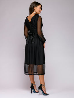 Платье черное длины миди с V-образным вырезом и верхом из фатина - 1001dress фото 4
