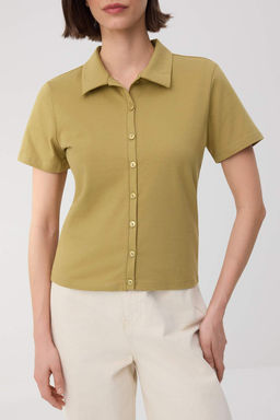 Wardrobe Essentials-Ac?k Haki Fitted/Vucuda Oturan Dugmeli Crop Esnek Orme Bluz TWOSS26BZ00272