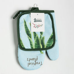 Кухонный набор 2 предмета Доляна Tropical цвет голубой: прихватка 17х17 см, варежка 25х16 см, 100% п/э  фото 6