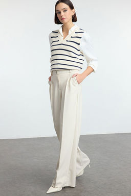 Ekru Pilili Wide Leg/Genis Paca Dokuma Pantolon TWOAW25PL00109 Palazzo