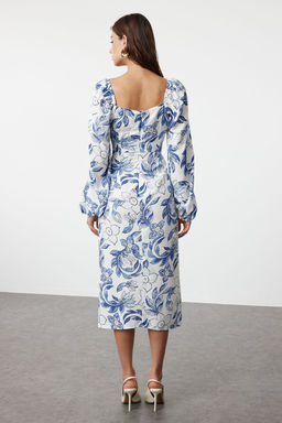 Mavi Soyut Mavi Cicek Desenli Midi Dokuma Elbise TWOAW24EL00865