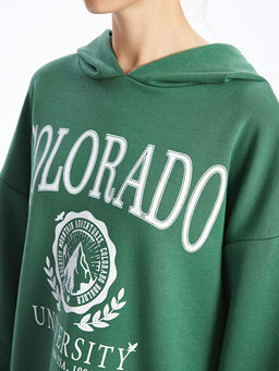 Kap??onlu Bask?l? Oversize Kad?n Kal?n Sweatshirt Tunik