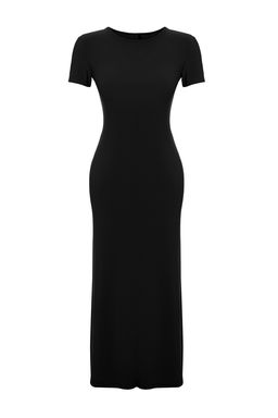 Siyah K?sa Kol Bodycone/Vucuda Oturan Bisiklet Yaka Esnek Orme Maxi Kalem Elbise TWOSS24EL00097