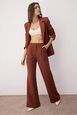Koyu Kahverengi Yuksek Bel Wide Leg/Genis Paca Pilili Dokuma Kumas Pantolon TWOAW21PL0076