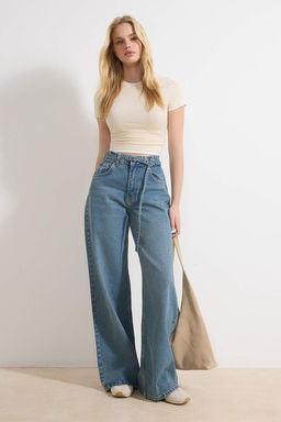 Mavi Kemerli Yuksek Bel Genis Paca Wide Leg %100 Pamuk Jeans TWOSS26JE00085 - Trendyolmilla фото 4