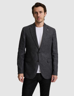 Siyah Slim Fit Keten Kar___ml_ Mikro Desen Mono Yaka Ceket