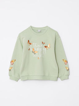 Bisiklet Yaka Bask?l? Uzun Kollu K?z ?ocuk Sweatshirt