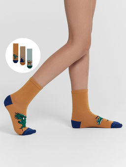 Носки детские мультипак (3 пары) коричнево-зеленые с рисунком в виде монстриков