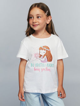 Bisiklet Yaka Bask?l? K?z ?ocuk Ti??rt