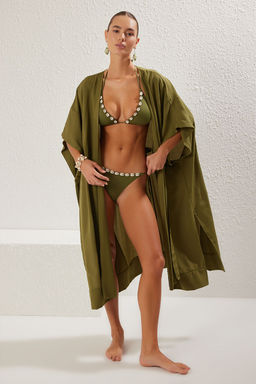 Haki Maxi Dokuma Kusakl? Derin Y?rtmacl? Plaj Kimono&Kaftan TBESS25KM00003