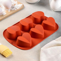 Форма для выпечки Доляна Сердце напополам, силикон, 25.8?17?3.2 см, 6 ячеек (7?6.5?3 см), розовая