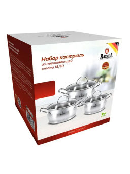 Набор кастрюль R-207А 6 предметов из нержавеющей стали со стекл. кр. 2.1л, 2.8л, 3.8л /RASHEL  фото 3