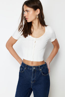 Ekru Patl? Crop Havuz Yaka Fitilli Esnek Orme Bluz TWOSS24BZ00364