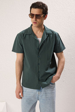 TRENDYOL MAN Koyu Yesil Oversize Fit Apaj Yaka K?sa Kol Keten Gorunumlu %100 Pamuklu Yazl?k Gomlek TMNSS25GO00018 - Trendyolmilla фото 2