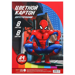 Цветной картон, А4, 8 листов, 8 цветов, немелованный, двусторонний, в пакете, 180 г/м², «Человек-паук»