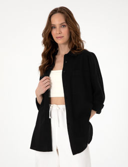 Siyah Oversize Keten Kar___ml_ Uzun Kollu G_mlek