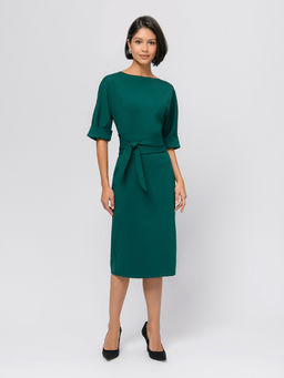 Платье изумрудного цвета длины миди с поясом и рукавами летучая мышь - 1001dress фото 2