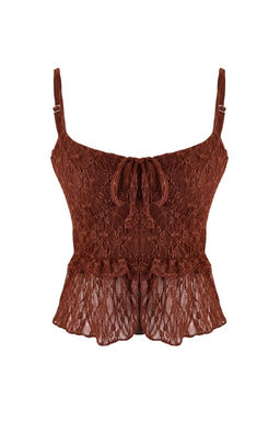 Kahverengi Fitted/Vucuda Oturan V Yaka Kolsuz Volanl?/F?rf?rl? Dantel Orme Bluz TWOSS26BZ00032 - Trendyolmilla фото 5