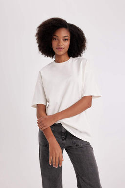 Базовая футболка Oversize с круглым вырезом и короткими рукавами - Defacto фото 4