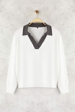 Ekru Renk Bloklu Polo Yaka Relaxed/Rahat Kal?p Orme Sweatshirt TWOAW26SW00043