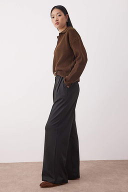 Siyah Duz Wide Leg/Genis Kesim Lastik Bel Pileli Uzun Esnek Orme Pantolon TWOAW26PL00058 - Trendyolmilla фото 2