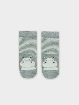 Цена за 5 пар! Носки детские в цвете серый меланж с рисунком в виде бегемота