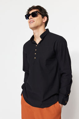 TRENDYOL MAN Mavi Slim Fit Yar?m Patl? Dugmeli Hakim Yaka Keten Gorunumlu Gomlek TMNSS20GO0097 - Trendyolmilla фото 18