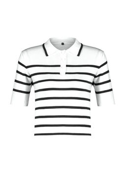 Ekru Premium Kalite Polo Yaka Cizgili Triko Kazak TWOSS24KZ00048