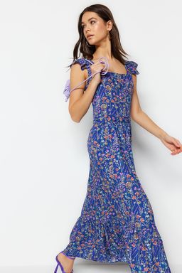 Mavi Cicek Desenli Kare Yaka A Kesim Viskon Midi Dokuma Elbise TWOSS20EL3331