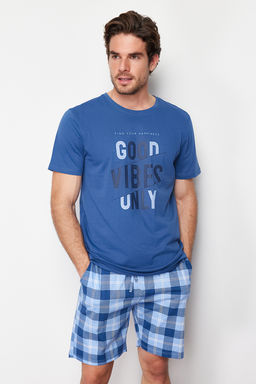 TRENDYOL MAN Indigo Ekose Regular Fit Orme Sortlu Pijama Tak?m? TMNSS24PT00026 - Trendyolmilla фото 2