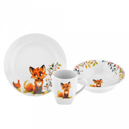 Набор посуды фарфоровый "Лисичка" 3 предмета: тарелка мелкая д175мм гладкий край, салатник д360мм, кружка 210мл, форма "Глория", подарочная упаковка (Россия)