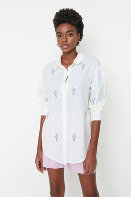 TRENDYOLMILLA Ekru Cicek Nak?s Detayl? Pamuklu Oversize Genis Kesim Dokuma Gomlek TWOSS22GO0246 фото 11