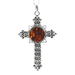Нательный крестик из прессованного янтаря 46*72мм цв.коньячный Радуга камня