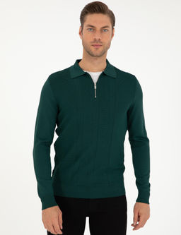 Ye_il Regular Fit Fermuarl_ Polo Yaka Triko Kazak