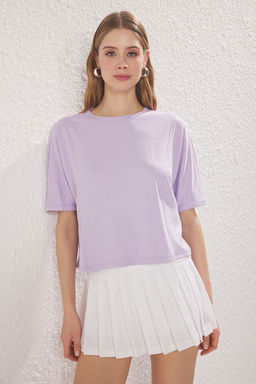Lila Relaxed/Rahat Kal?p Crop Esnek Orme Bluz TWOSS25BZ00403