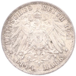 3 марки 1911 года F Германия (Вюртемберг) 25 лет свадьбе Вильгельма II и Шарлотты