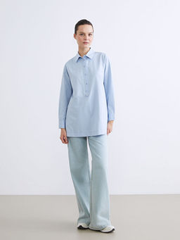 G?mlek Yaka ?izgili Poplin Kad?n Tunik