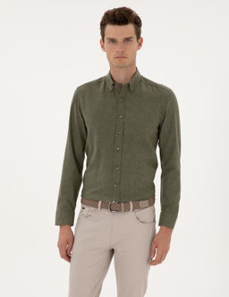 Haki Flanel Dokulu Slim Fit Uzun Kollu G_mlek