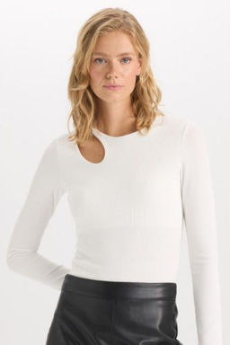 Slim Fit Dar Kal?p Bisiklet Yaka Basic Duz Simli Kumas Uzun Kollu Tisort