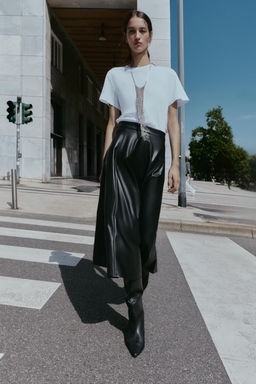 CONTRAST MIDI DRESS WITH LEATHER EFFECT SKIRT