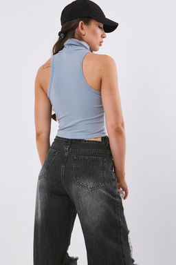 Топ из трикотажа с воротником стойка cеро-голубой
