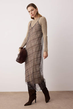 Bej Maxi Ekose Detayl? 2li Dokuma Triko Elbise TWOAW26EL00379 - Trendyolmilla фото 2