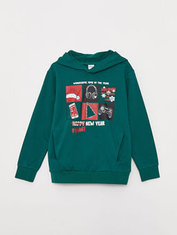 Kap??onlu Y?lba?? Temal? Uzun Kollu Erkek ?ocuk Sweatshirt